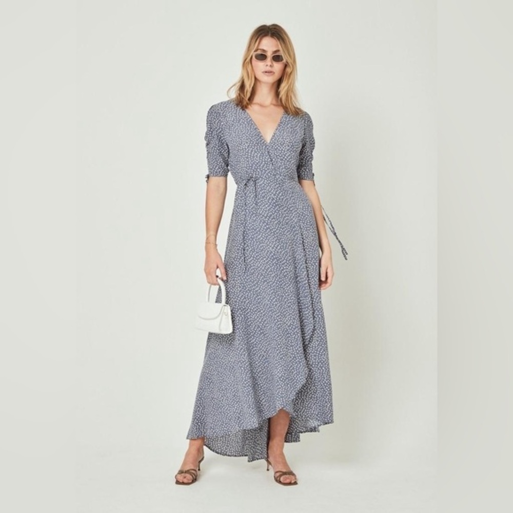 Auguste The Label River Della Maxi Dress Blue Print Short Sleeve Wrap US 4